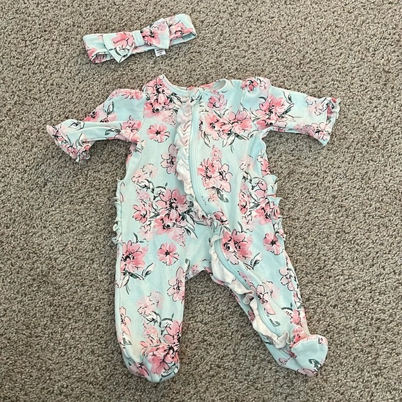 Little Me Other - Little Me Floral Zip Footed One-Piece and Headband